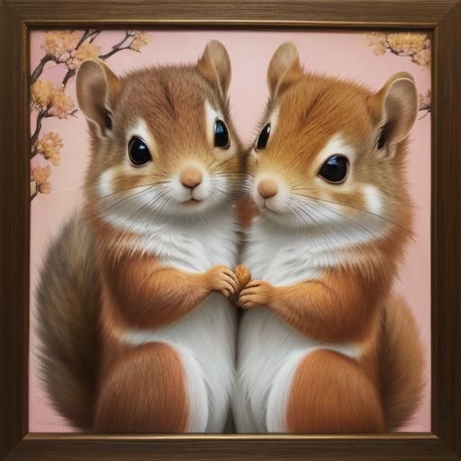 Squirrels Share a Tender Moment as Oil Painting