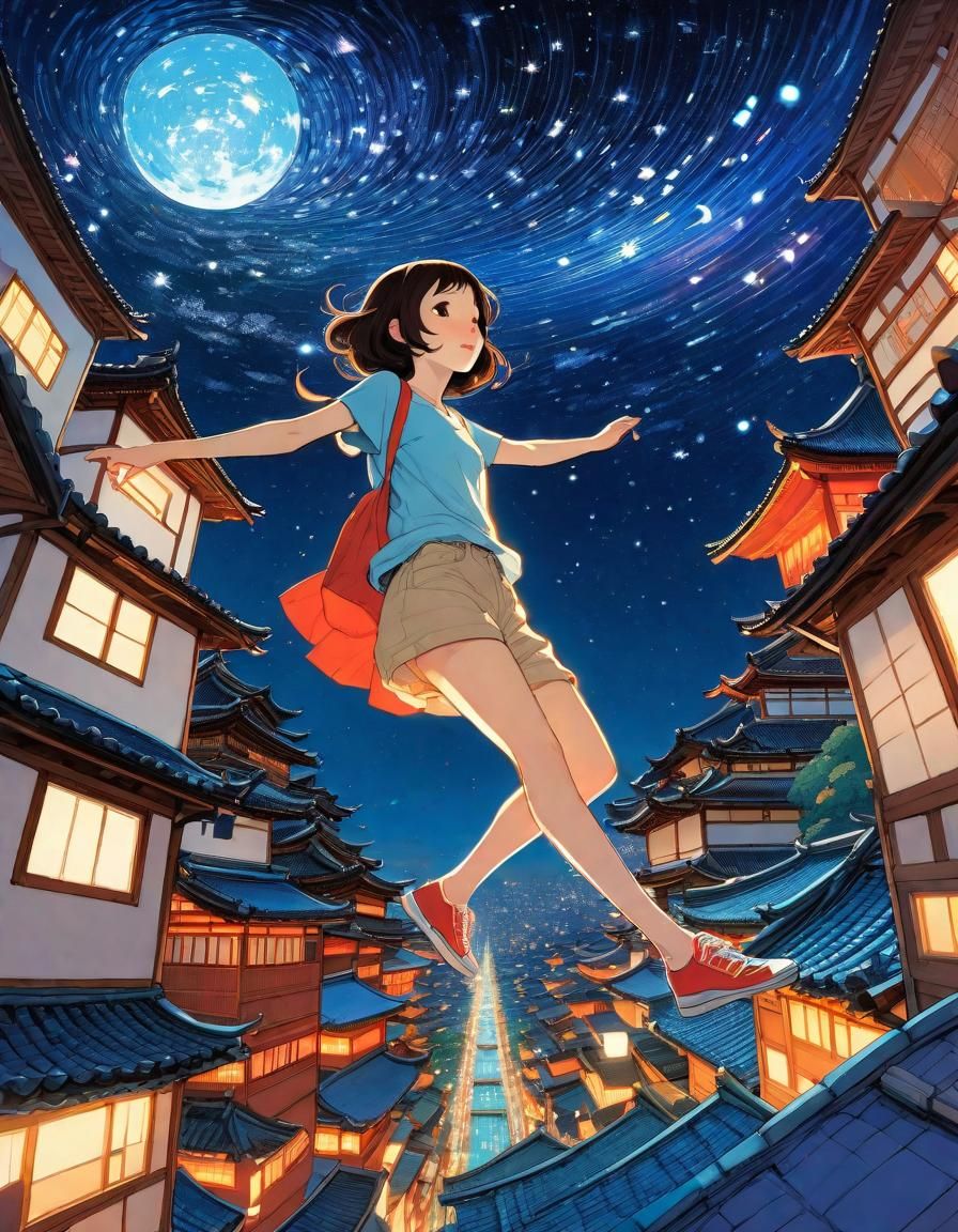 Woman in City Under Starry Night: Anime Style