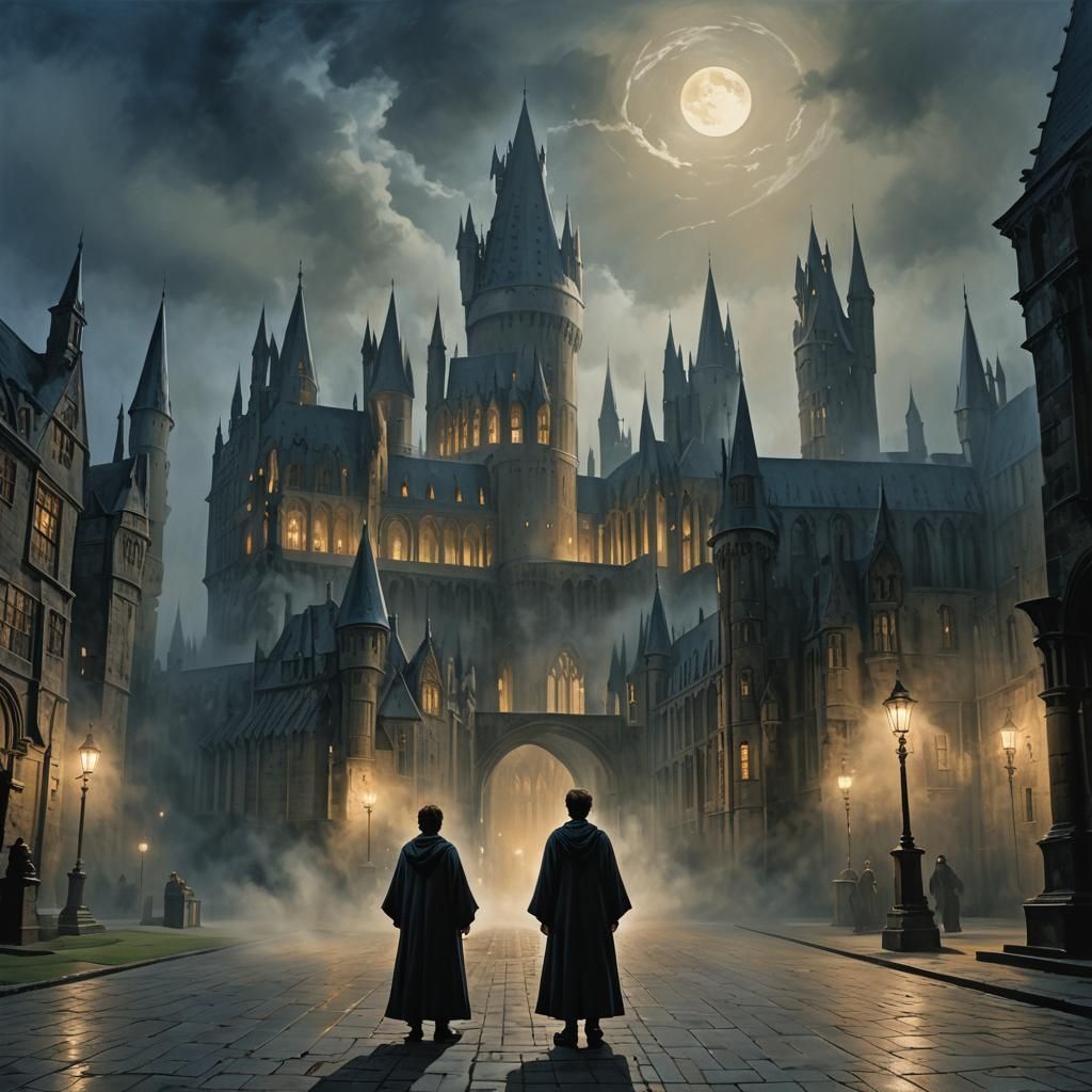 Hogwarts Robes in Moonlit Courtyard: Magical Realism
