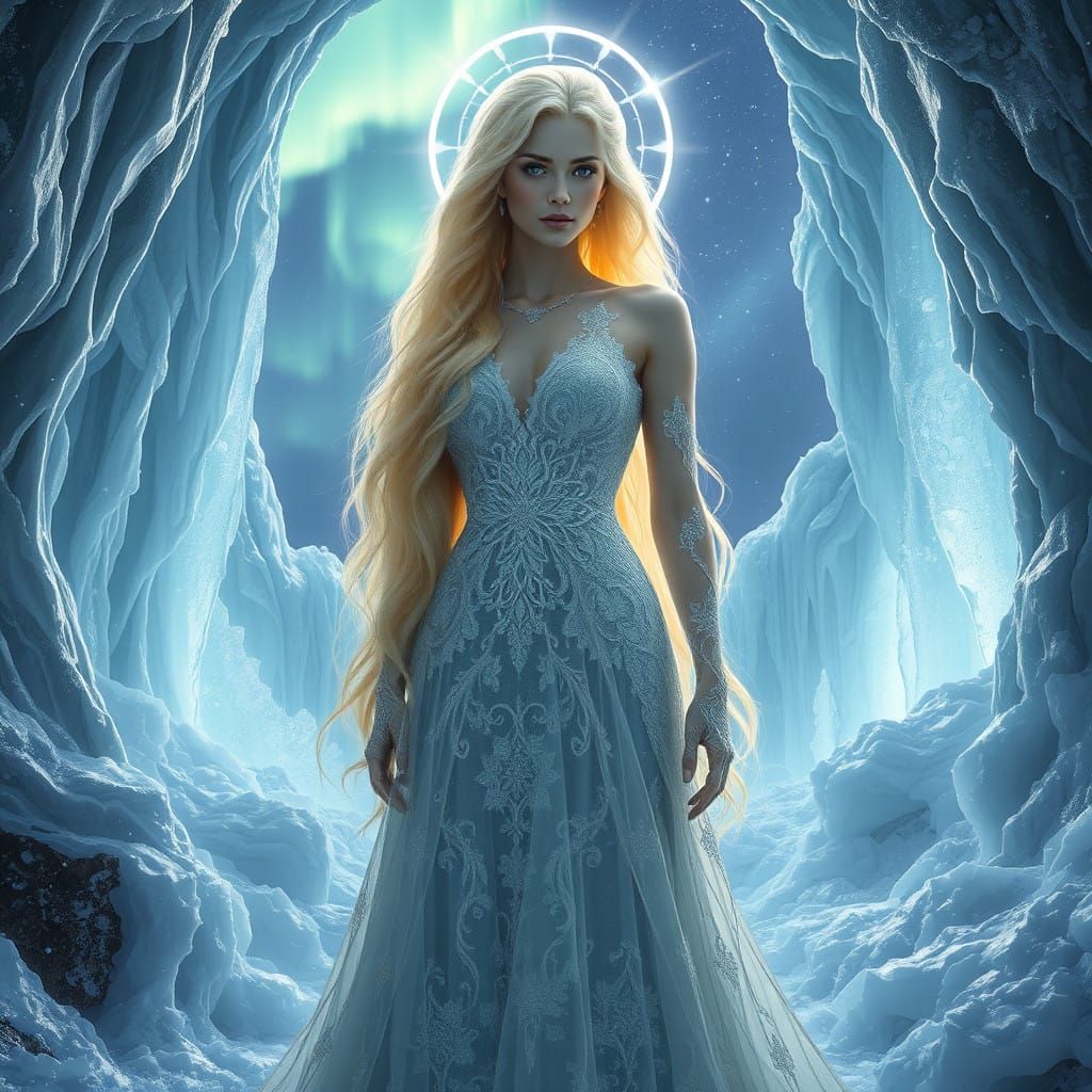 Goddess of Ice in Ethereal Crystal Landscape
