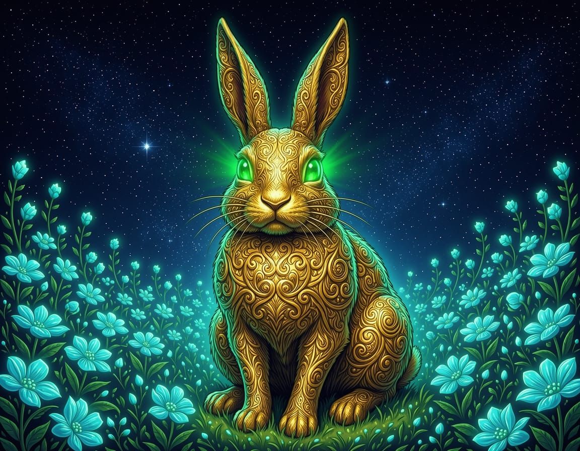 Golden Rabbit with Emerald Eyes in Bioluminescent Field