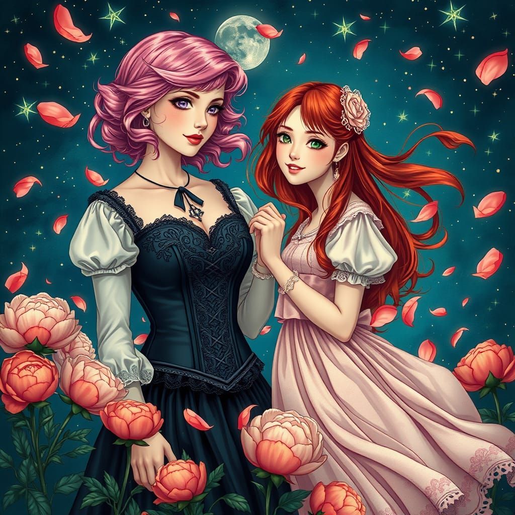 Fantasy Art Nouveau: Pink-Haired Woman Leads Companion