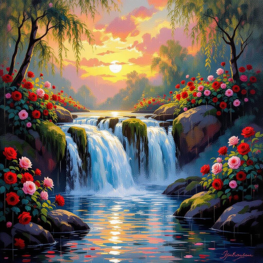 Luminous Impressionist Waterfall with Roses at Sunset