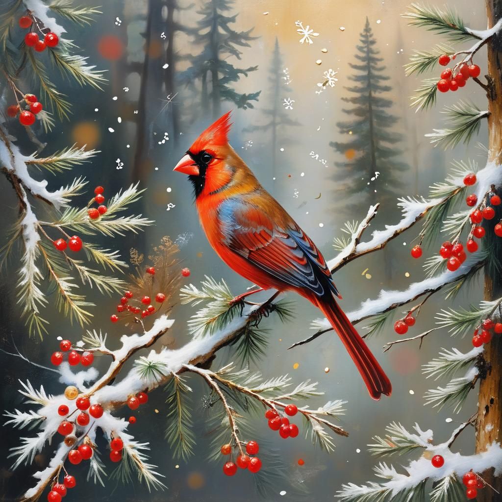 Cardinal Bird in Winter Scene Oil Painting