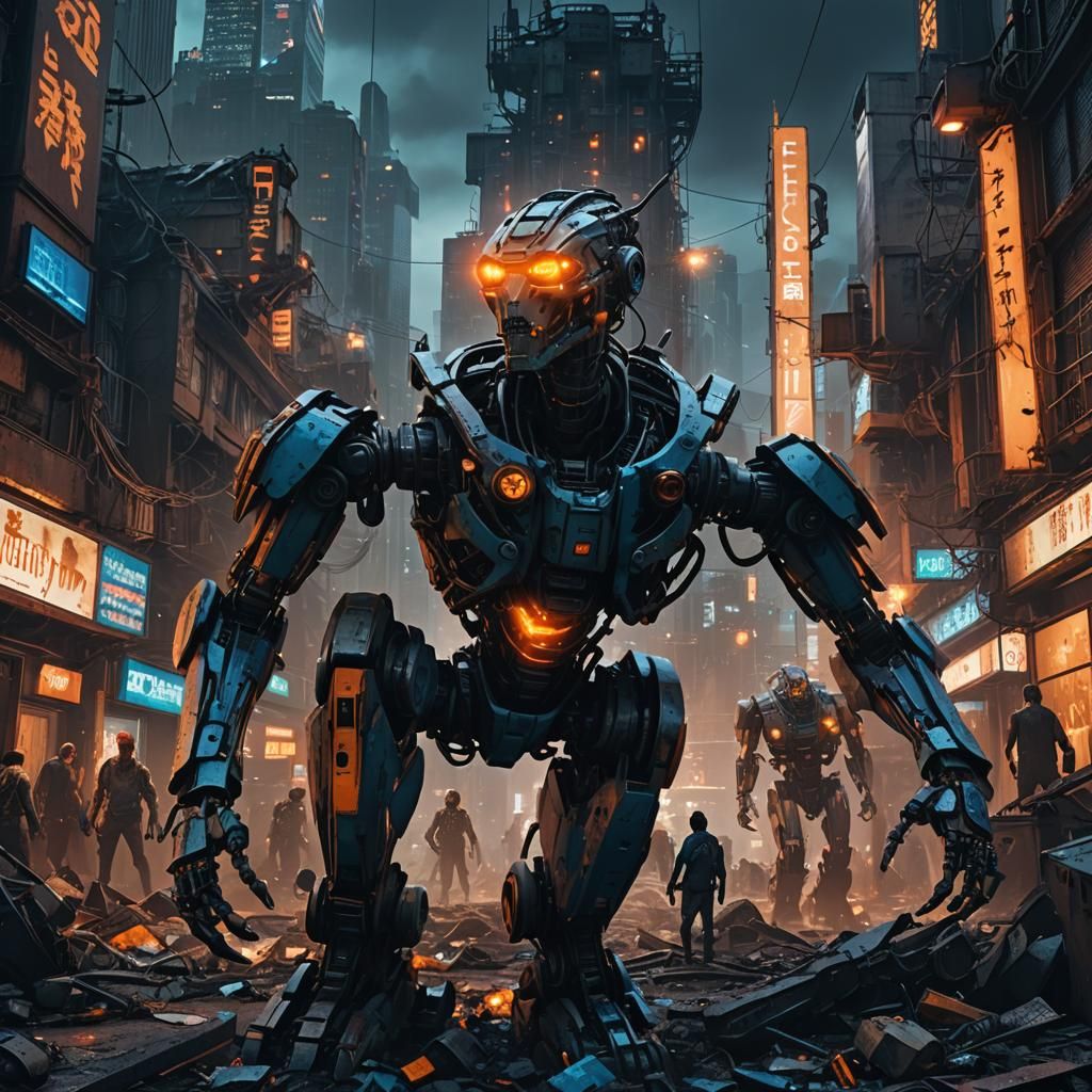 Robotic Human Hybrid in Ruined Cityscape