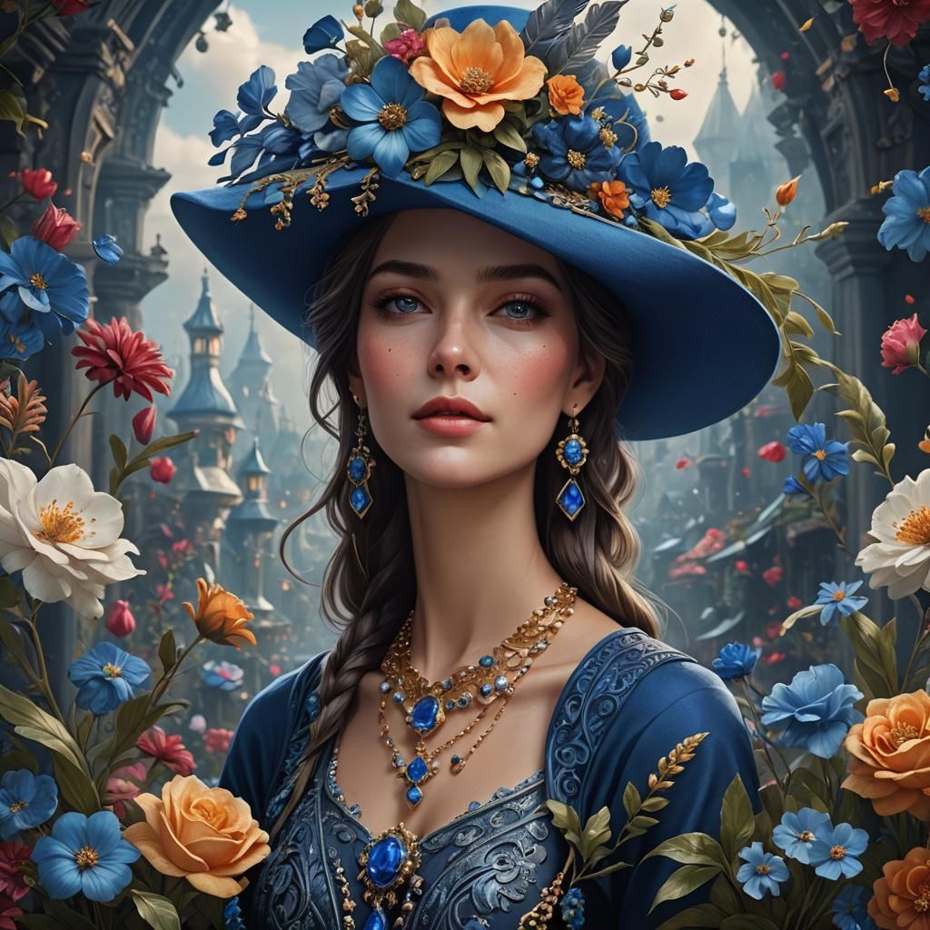 Lady in Blue Hat: Detailed Fantasy Art
