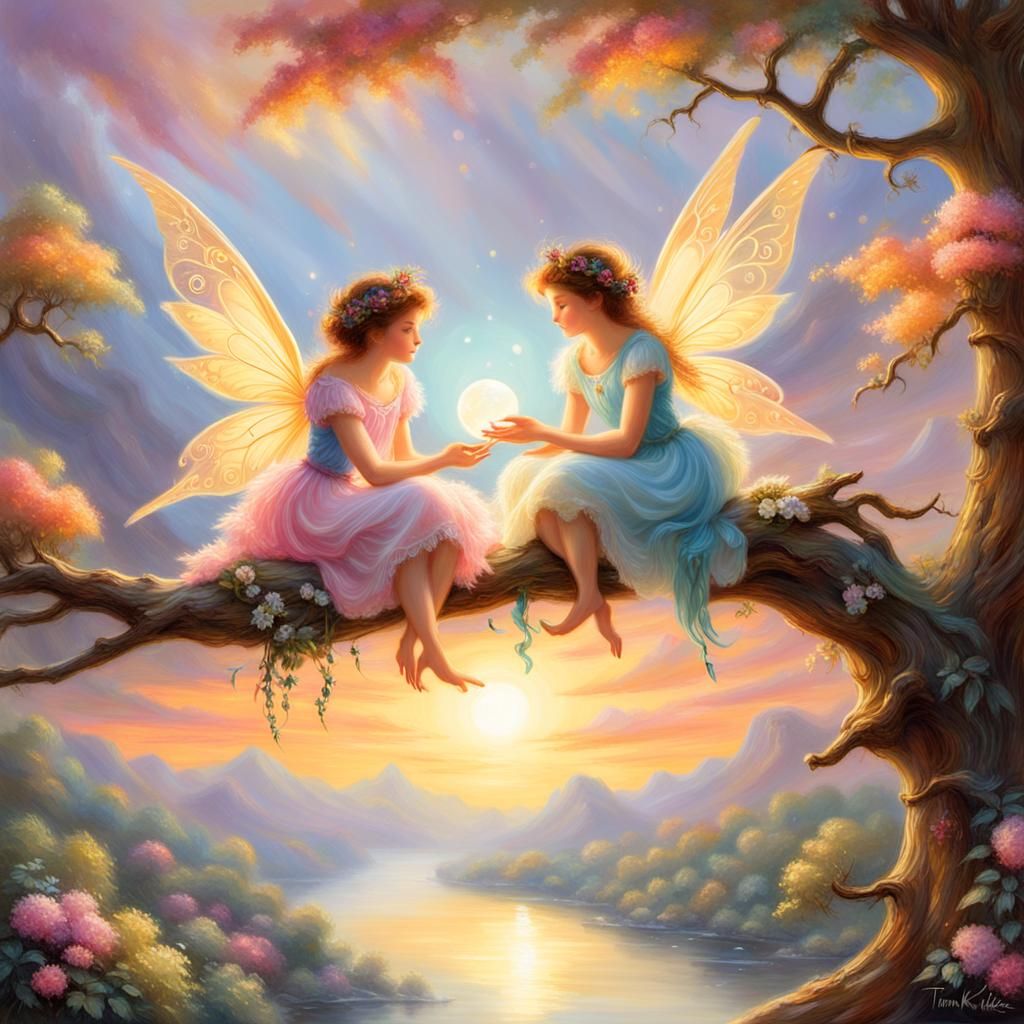 Fairies Overlooking Sunset in Ethereal Fantasy Style