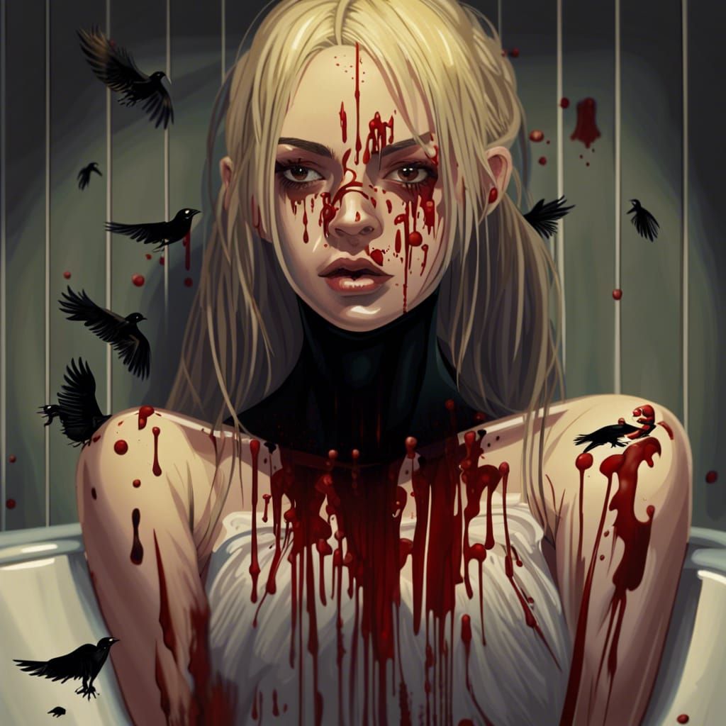 Disturbing Scene: Woman in Bathtub with Crows