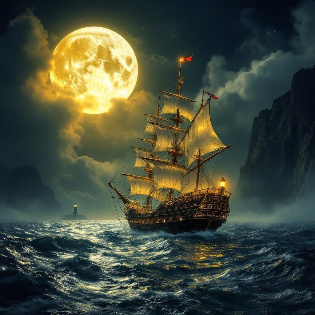 Majestic Sailing Ship Illuminated by a Colossal Full Moon
