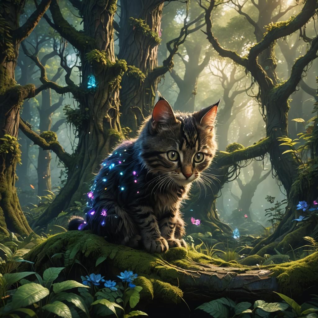 Magical Kitten in Enchanted Forest: Detailed Matte Painting