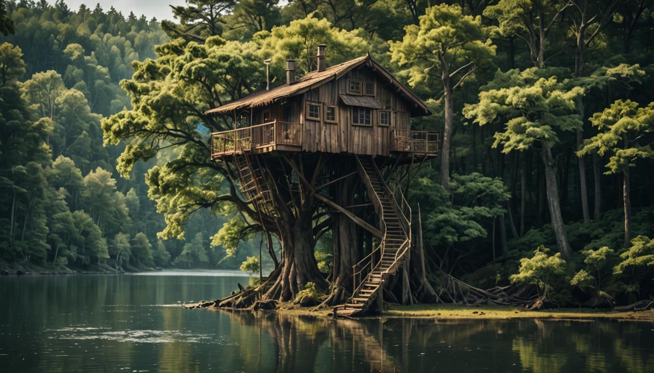 Treehouse on Island Lake: Cinematic Film Still
