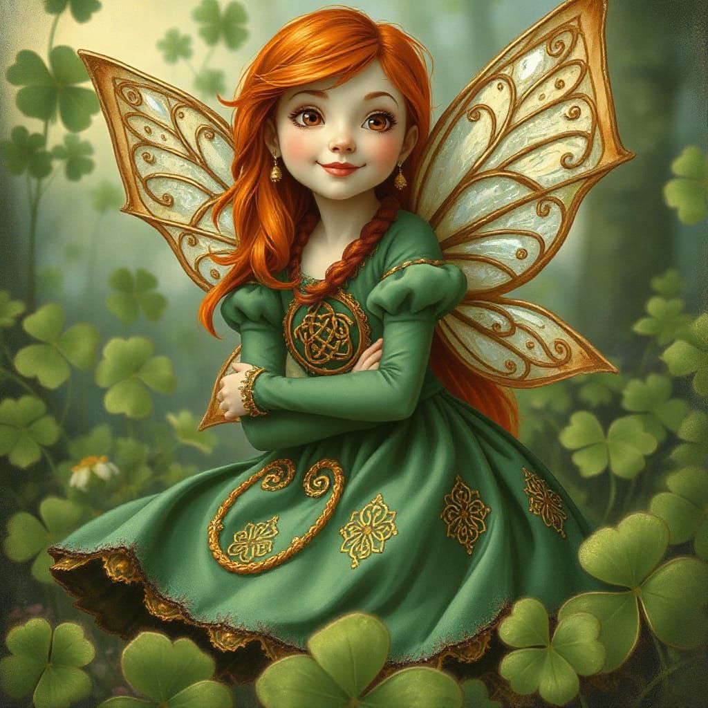 Delicate Red-Haired Fairy in Emerald Gown with Shamrocks