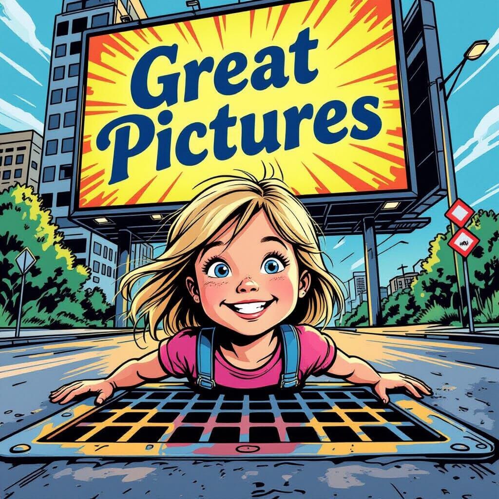 Young Girl Emerges From Grate in Comic Art Style