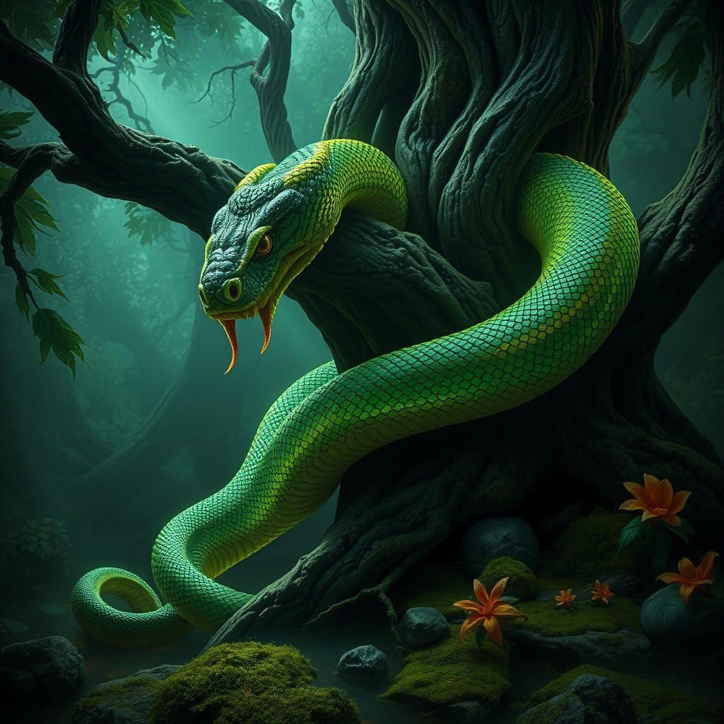 Bioluminescent Serpent in Jungle Temple