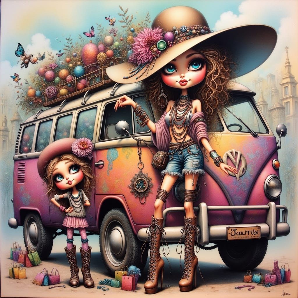 Majestic Cowgirl and Horse on Vintage Van