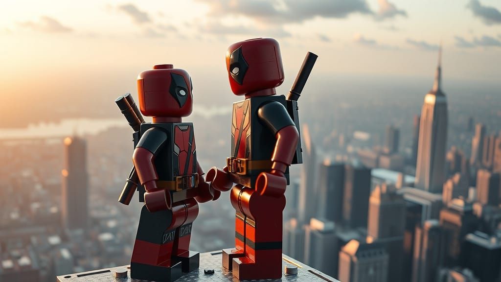 Lego Figure and Deadpool Argument on Skyscraper