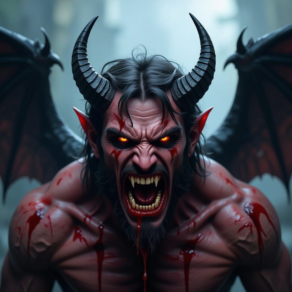 Fierce Devil with Electric Blue Horns and Blood