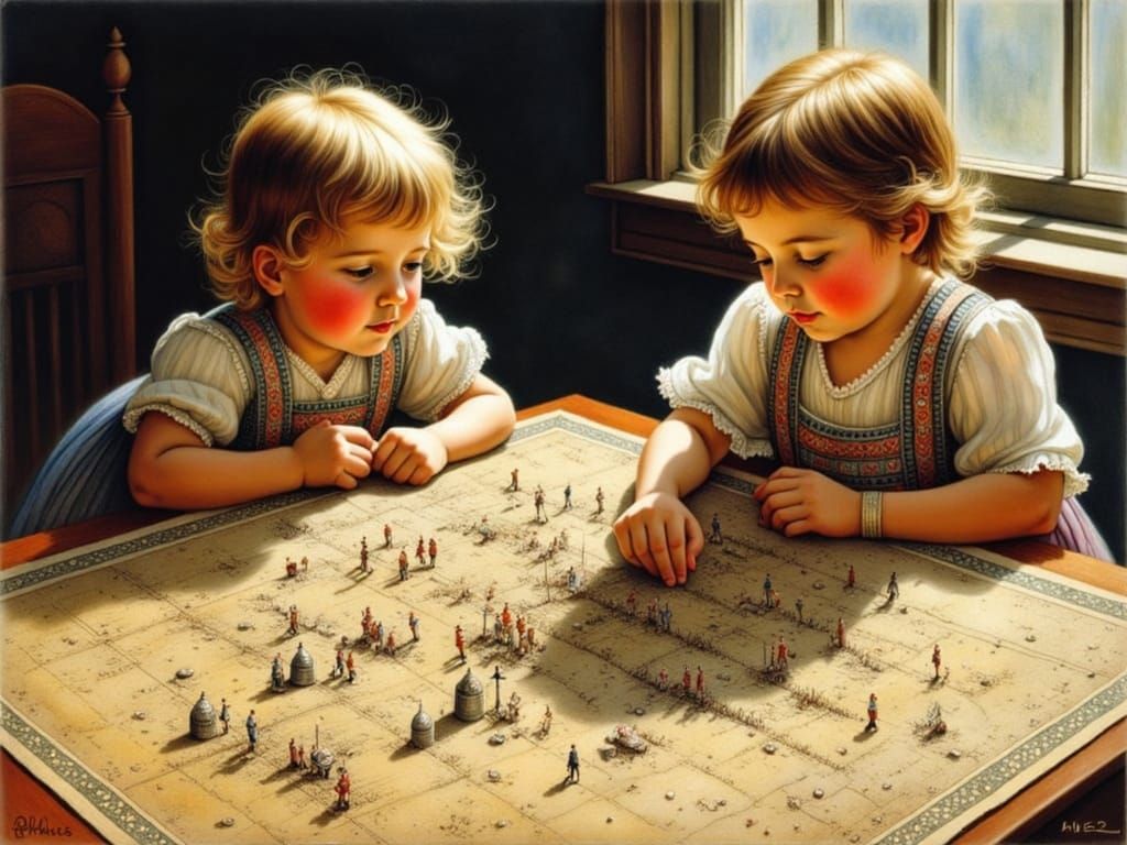 Children's Playful War Game on Antique Battle Map