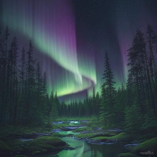 Magical Forest Bathed in Northern Lights