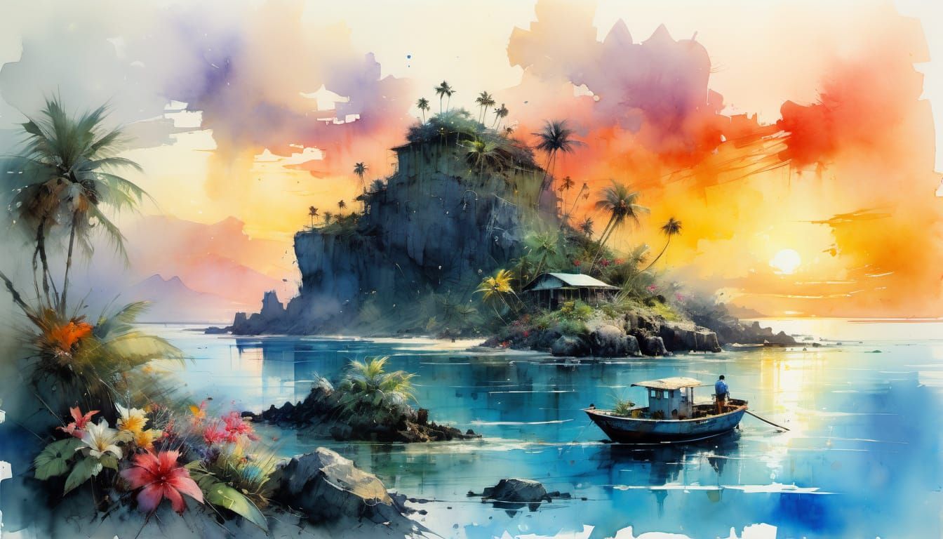 Vibrant Tropical Paradise in Watercolor