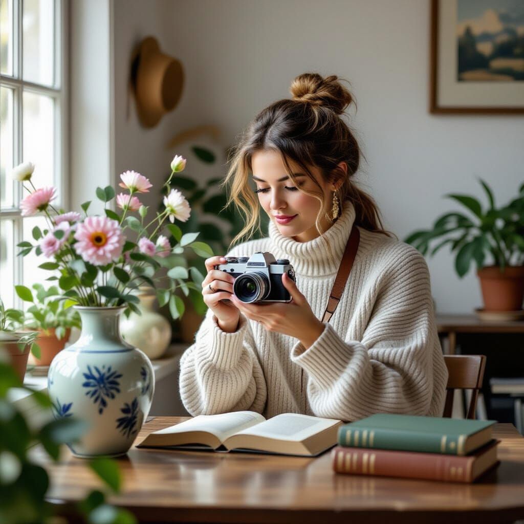 Photography Student Capturing Still Life with 35mm Camera