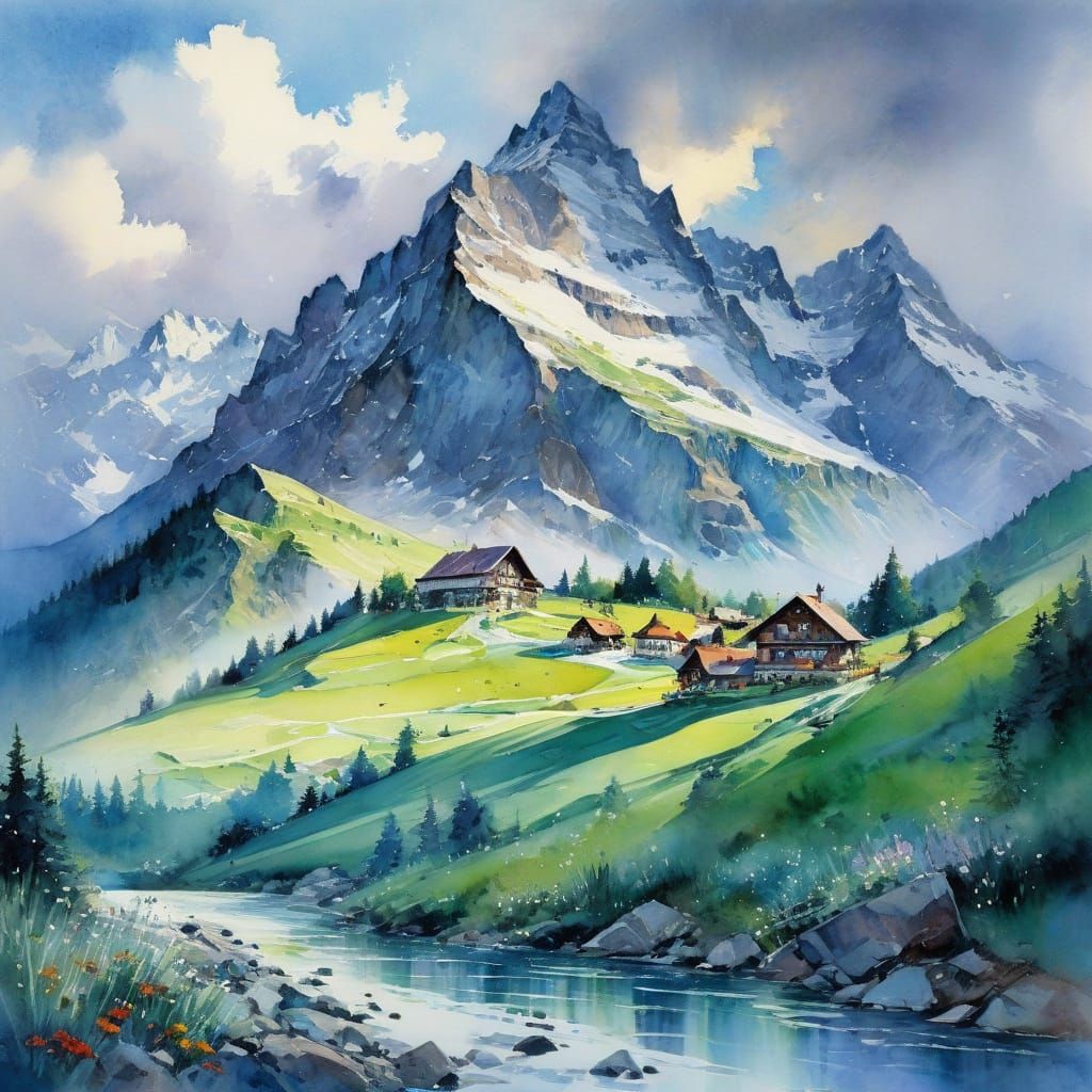 Majestic Swiss Alps Landscape Painting in Vibrant Watercolor...