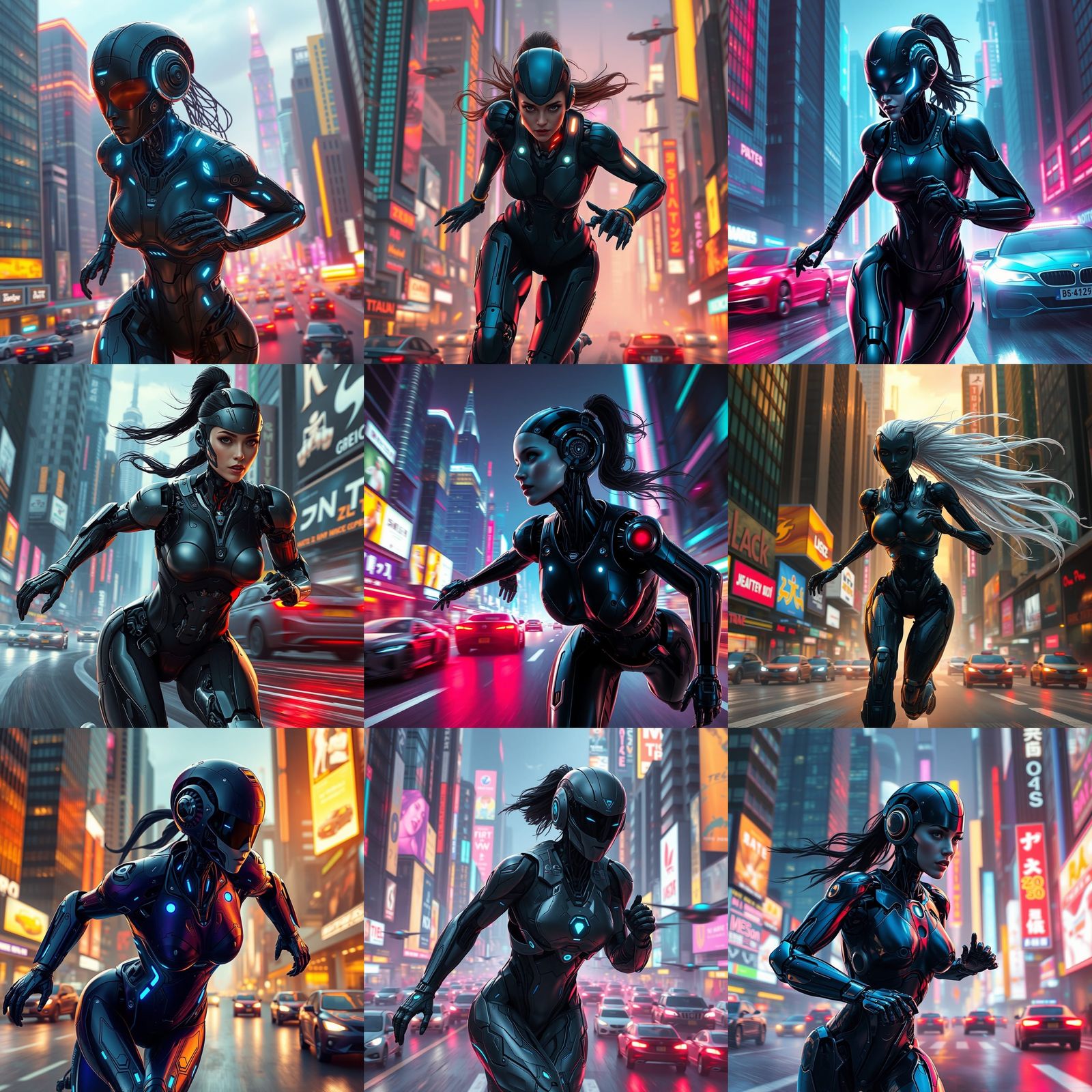 Robotic Woman in Sci-Fi World with Flying Cars