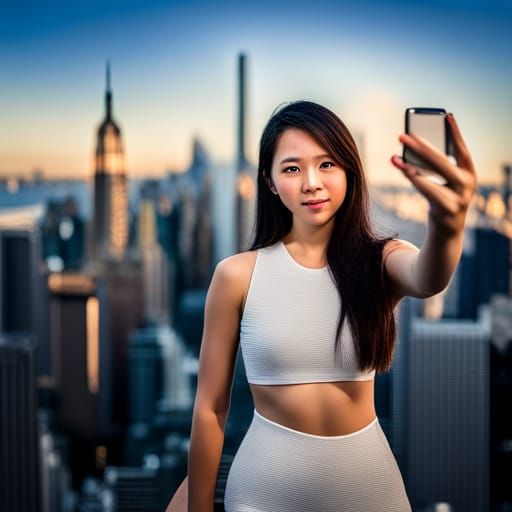 Filipina Selfie with New York Skyline Backdrop