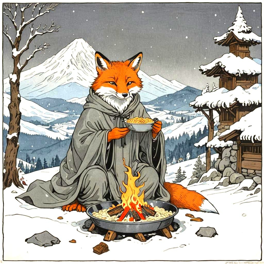 Fox Enjoying Ramen on Snowy Mountain Path