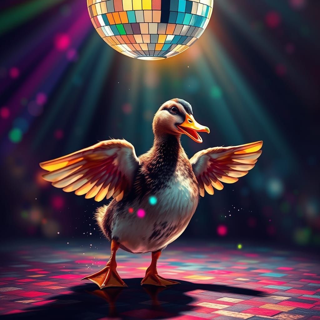 Dancing Disco Duck in Hyperrealistic Splash Art