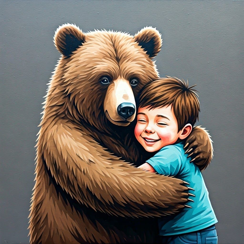 Bear Hugs Child: Detailed Street Art Painting