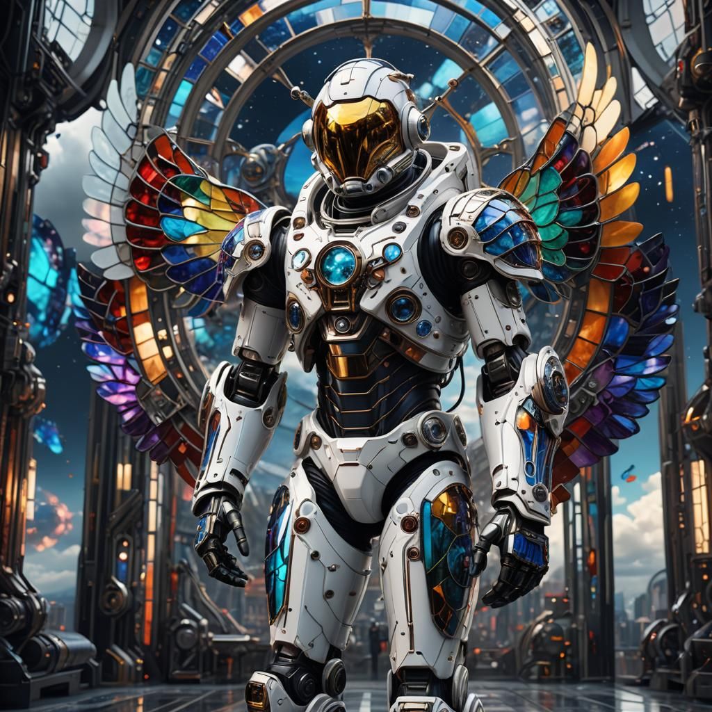 Biomechanical Astronaut with Stained Glass Wings