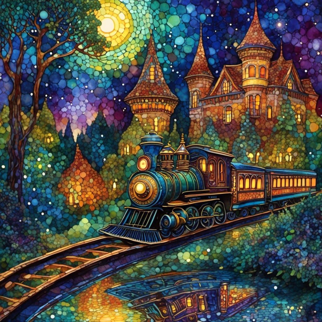 Train and Castle in Magical Forest, Klimt Style