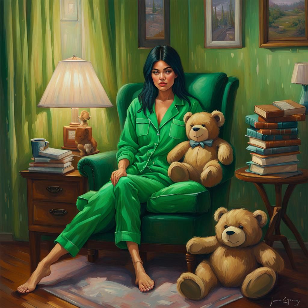 Person in Green Pajamas in Cozy Room as Oil Painting