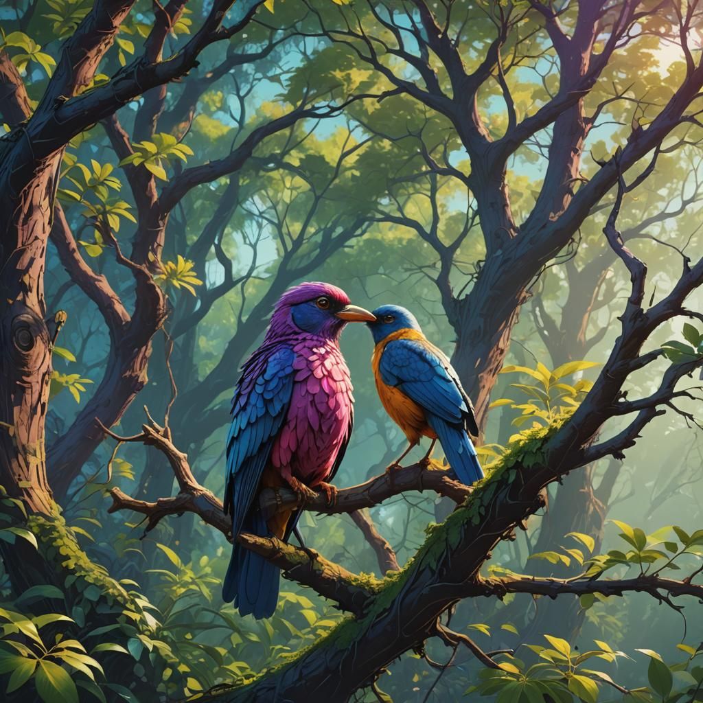 Majestic Bird on Garden Tree Branch: Concept Art