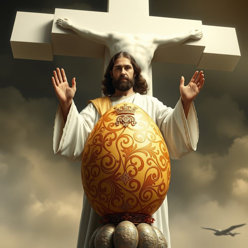 Jesus Smirks as He Poops a Giant Easter Egg Under a Towering...