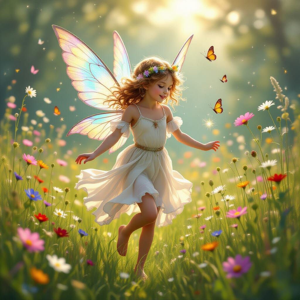 Mischievous Pixie Scattering Stardust in Sunlit Meadow