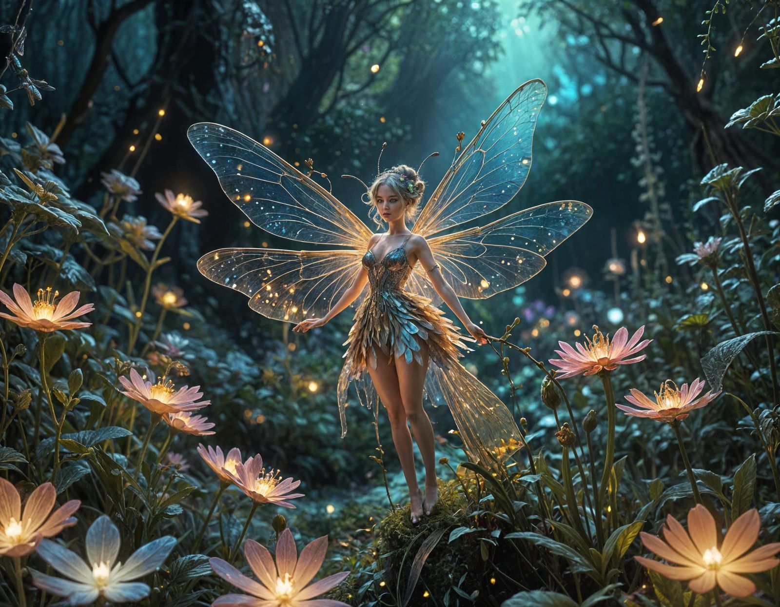 Fairy Riding Dragonfly Through Bioluminescent Flowers