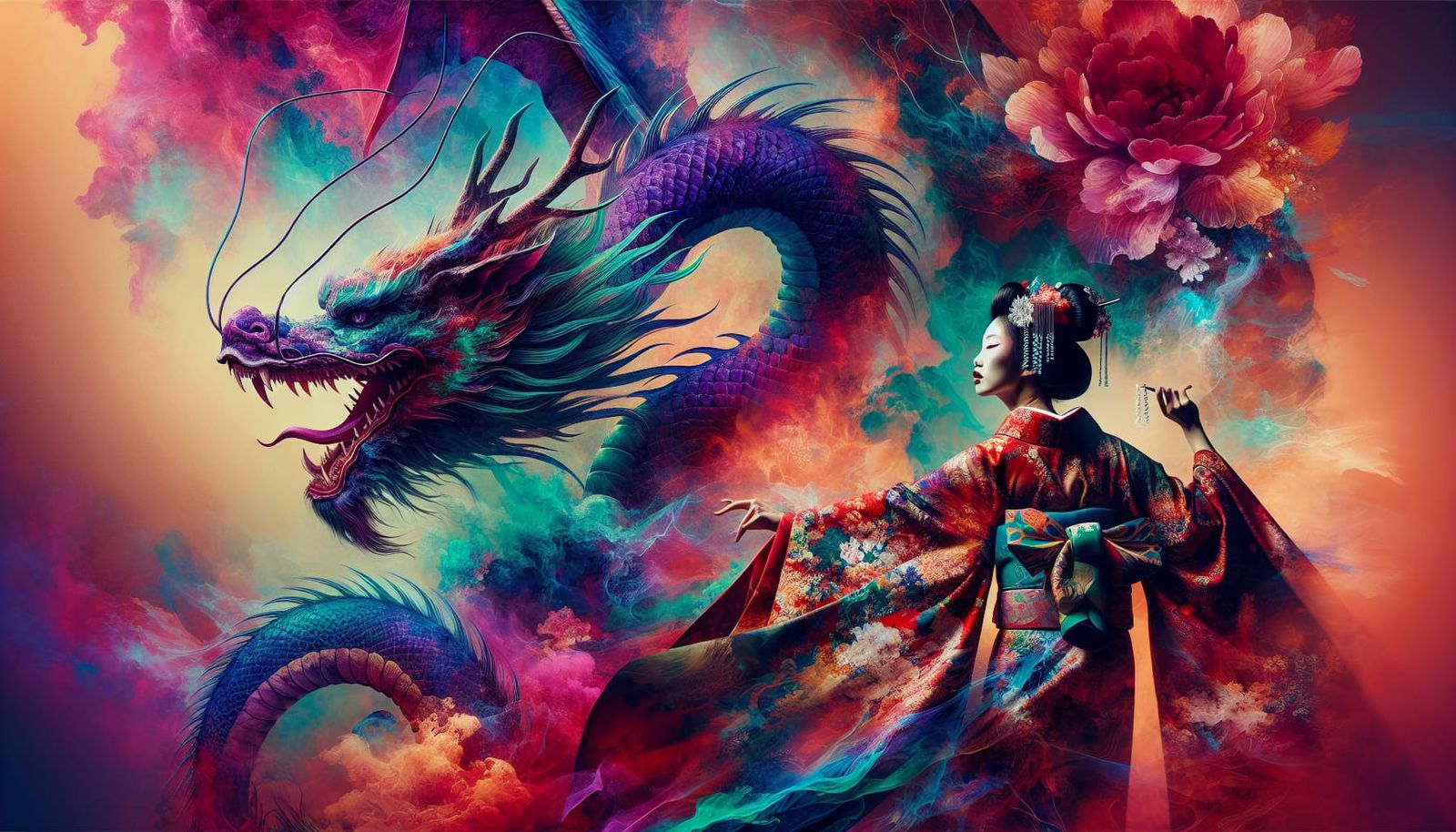 Japanese Dragon and Geisha Double Exposure Masterpiece