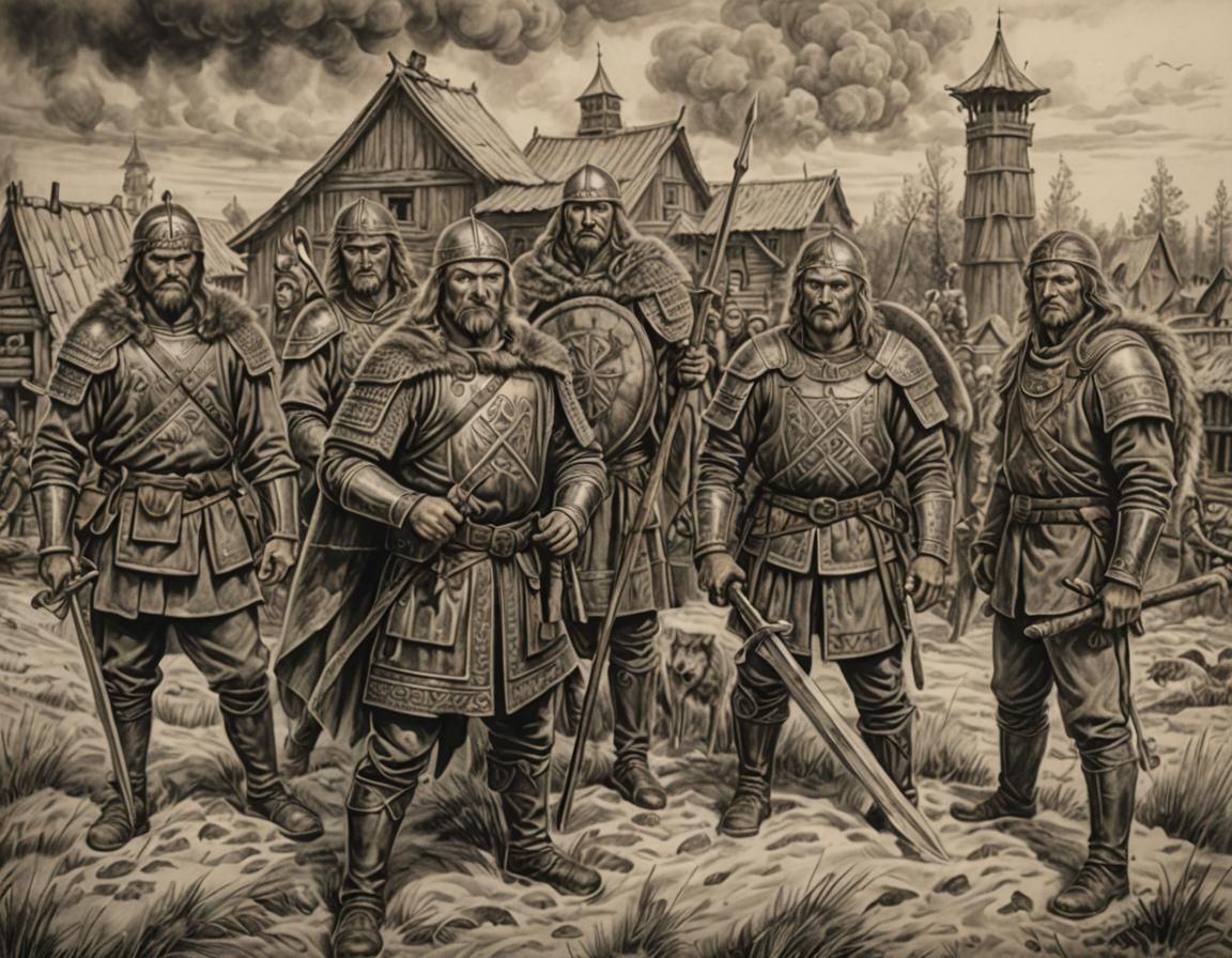 Slavic Warriors in Medieval Russian Village