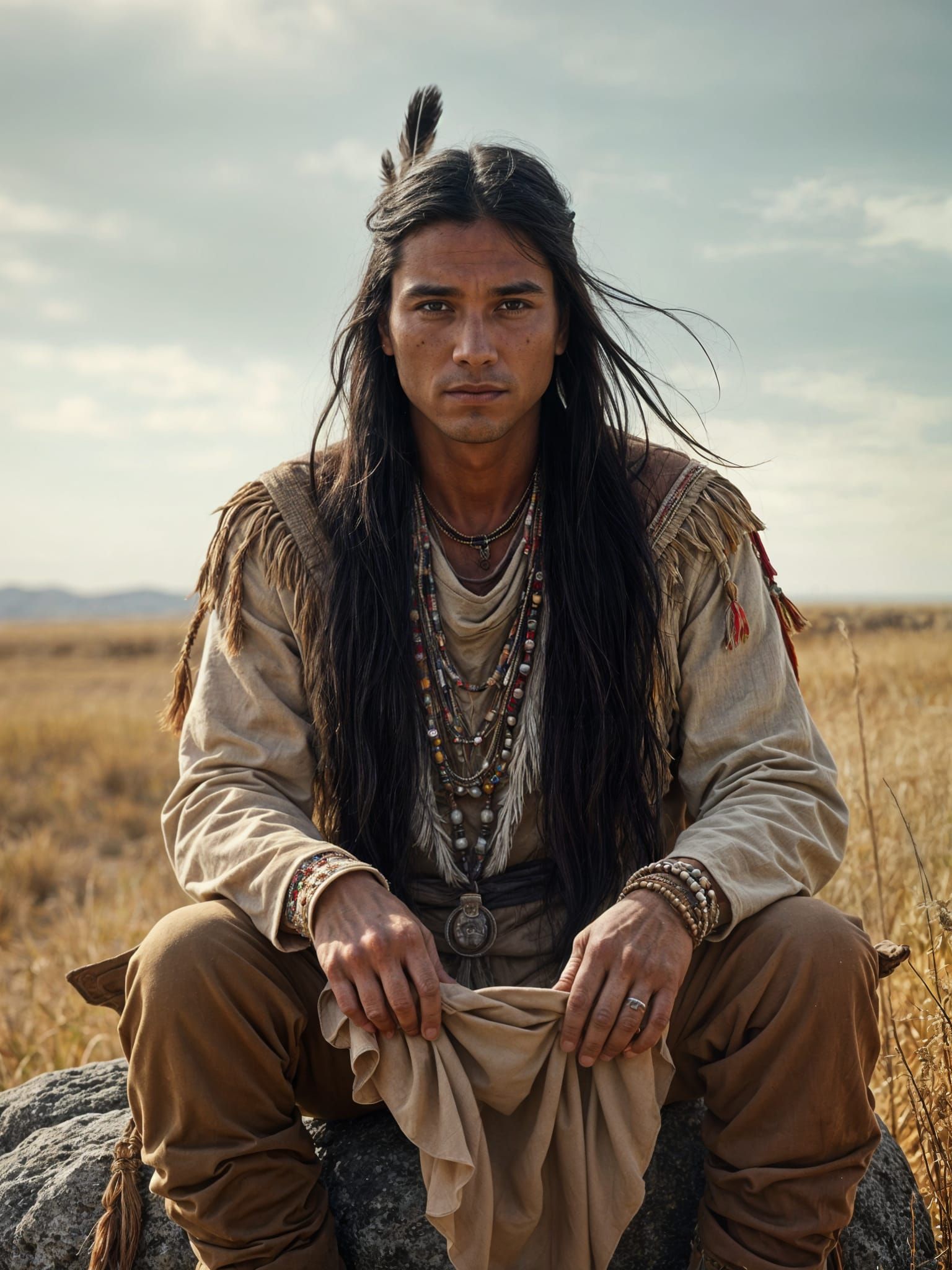 Handsome Native American Man on Plains in Photorealistic Sty...