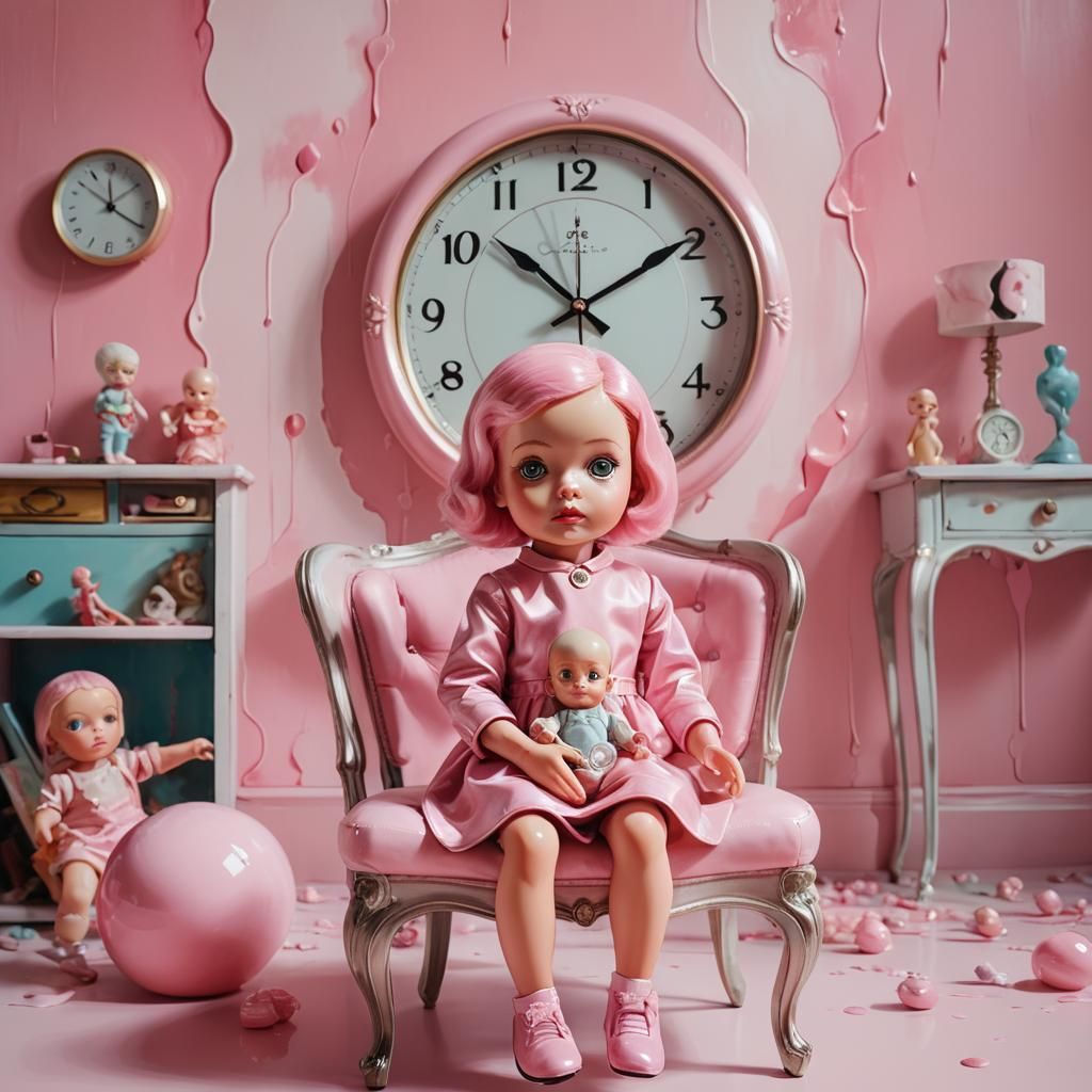 Surreal Pink Doll in Dreamlike Room, Oil Painting
