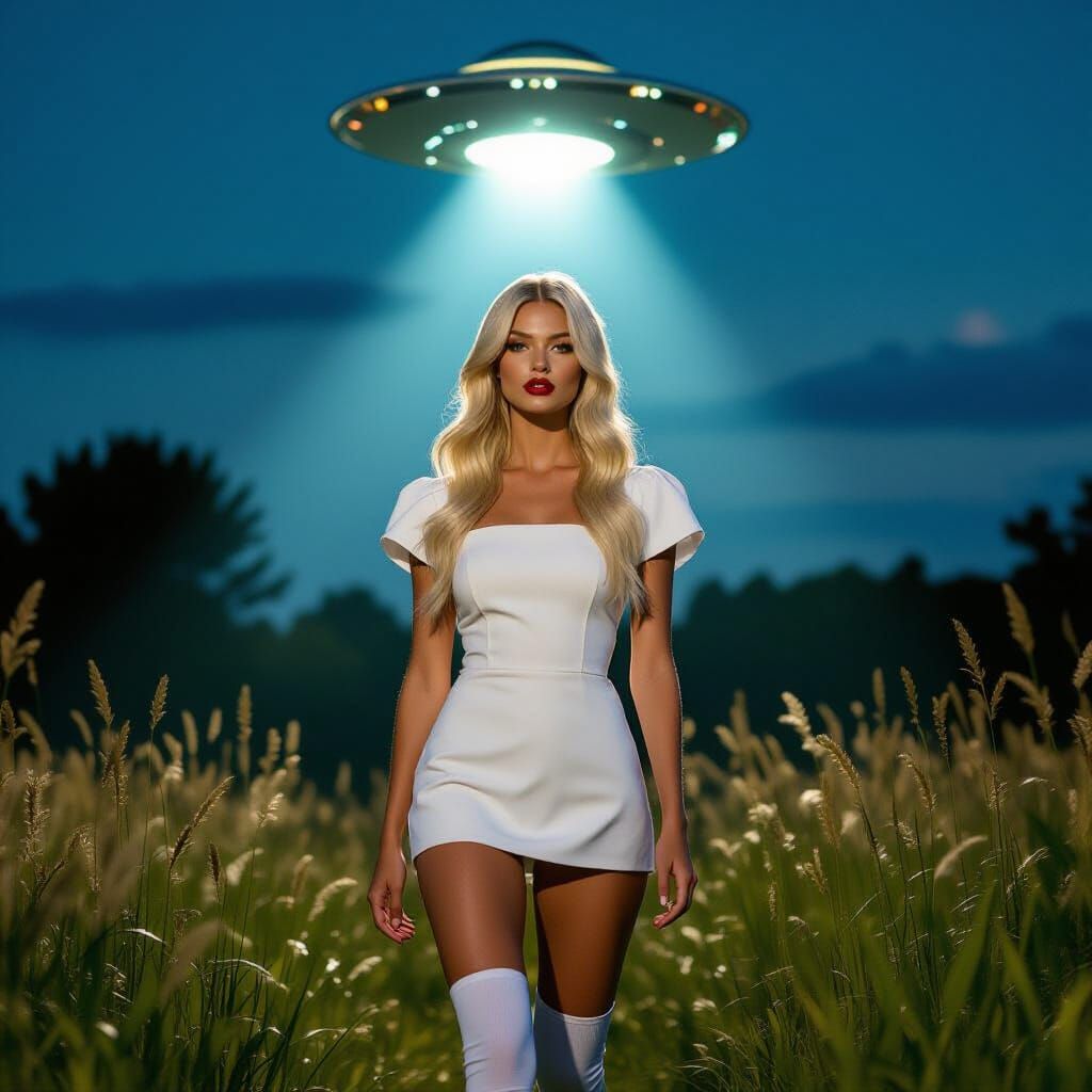Fashion Model Posed Under UFO Light in Moonlit Field