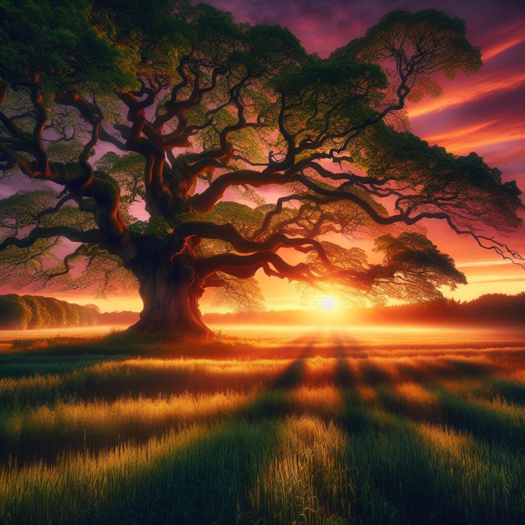 Mystical Sunset Over Ancient Tree in Field