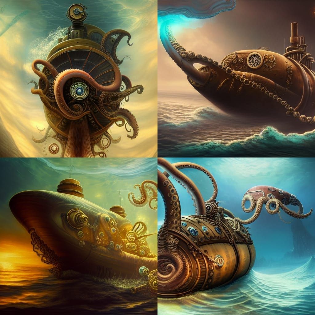 Steampunk Nautilus Submarine Versus Giant Octopus Oil Painti...