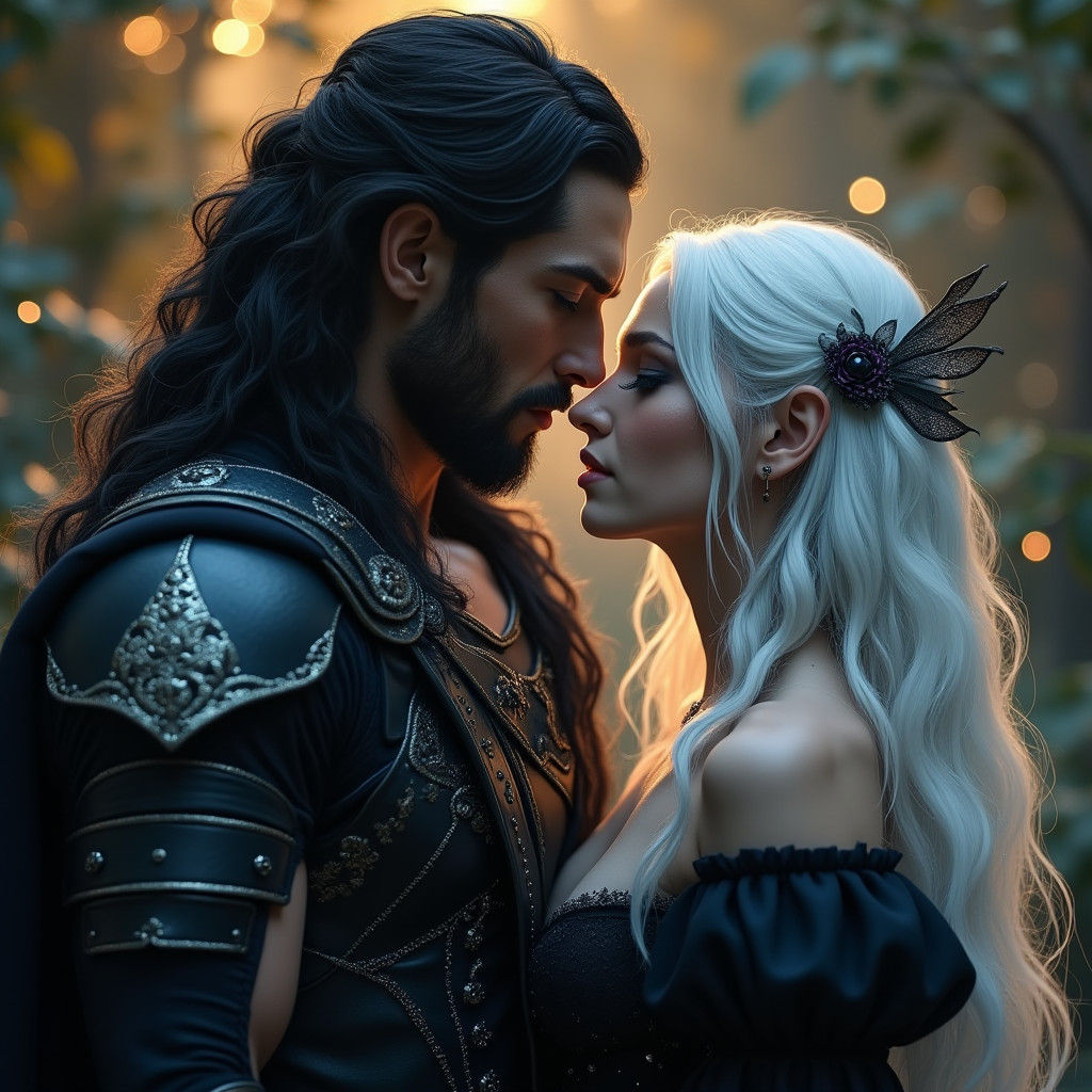 couple close together almost kissing, handsome male fae with dark black long hair and is wearing black leather, beautifu...