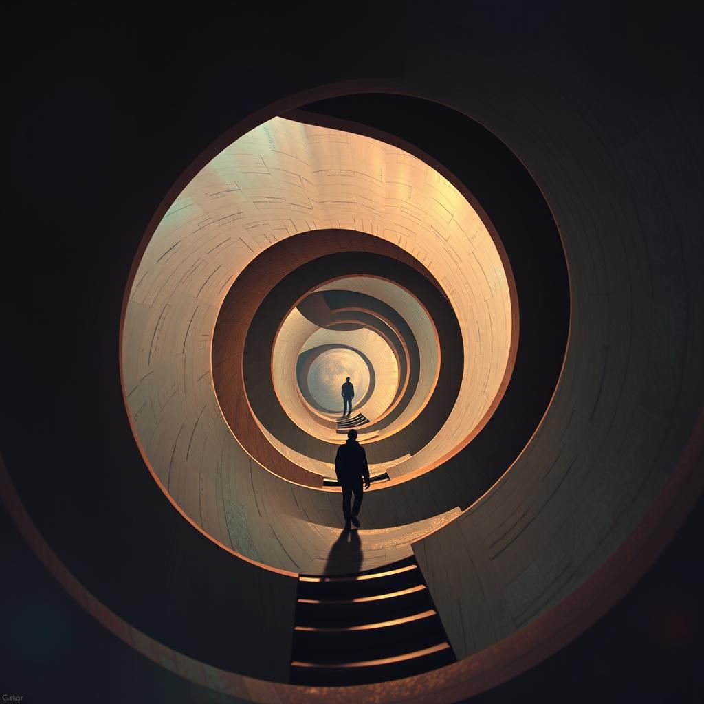 Surreal Figure Walks Infinite Spiral Staircase