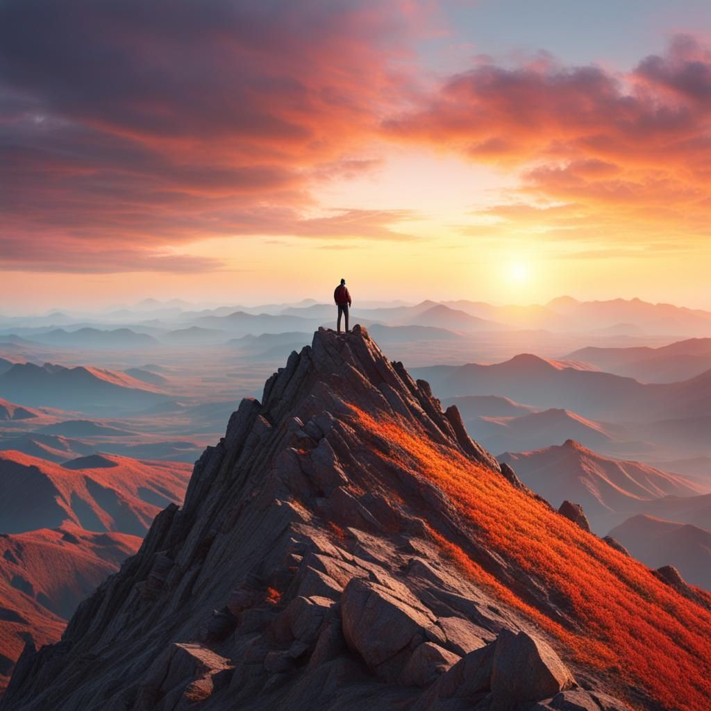 Person on Mountain Top at Sunset