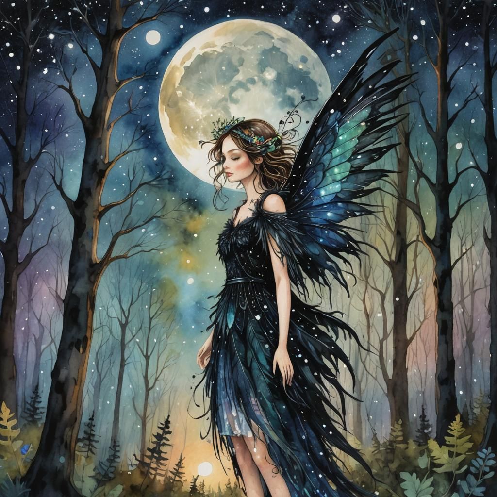 Fairy with Iridescent Wings in Gouache Style