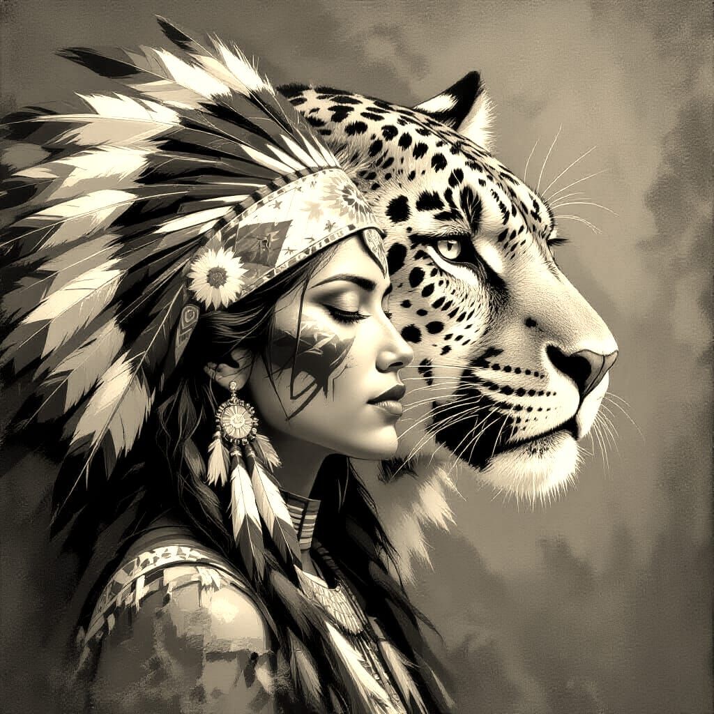 Native Woman With Sabre-Toothed Jaguar Head in Abstract Styl...